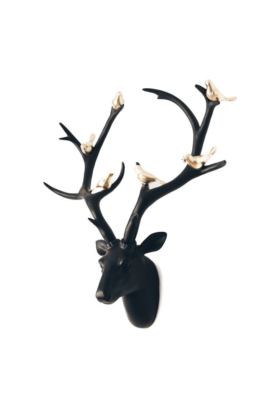 Black deer head with gold birds