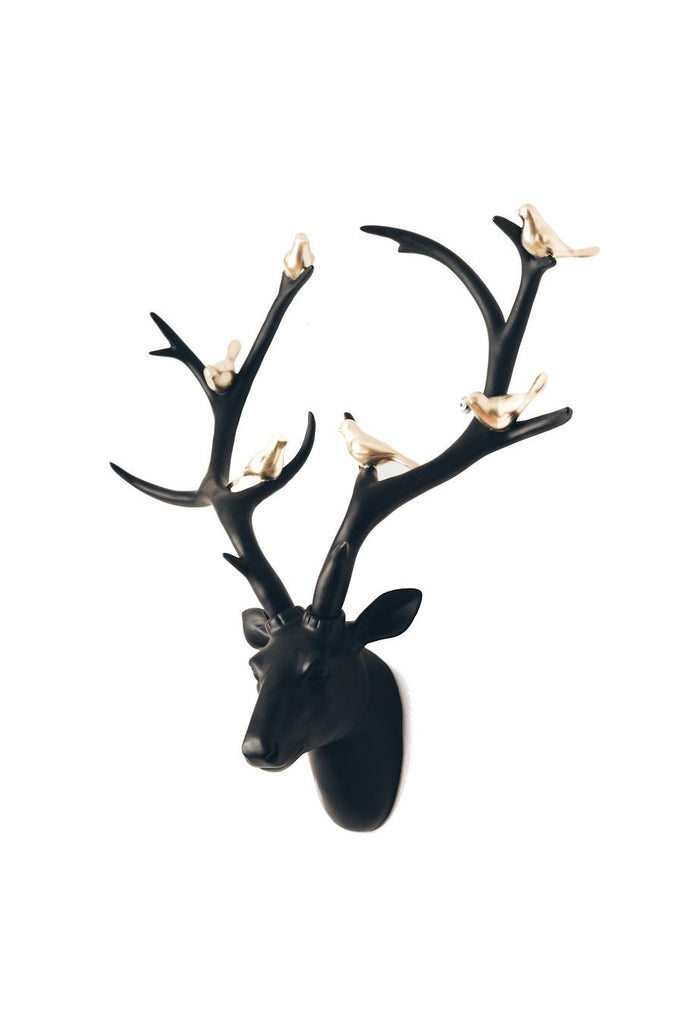 Black deer head with gold birds